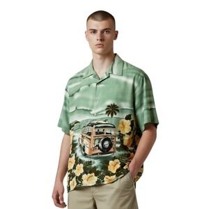 Big Brother Mens M Hawaiian Shirt Green Woody Car Surf Hibiscus Floral‎ Retro